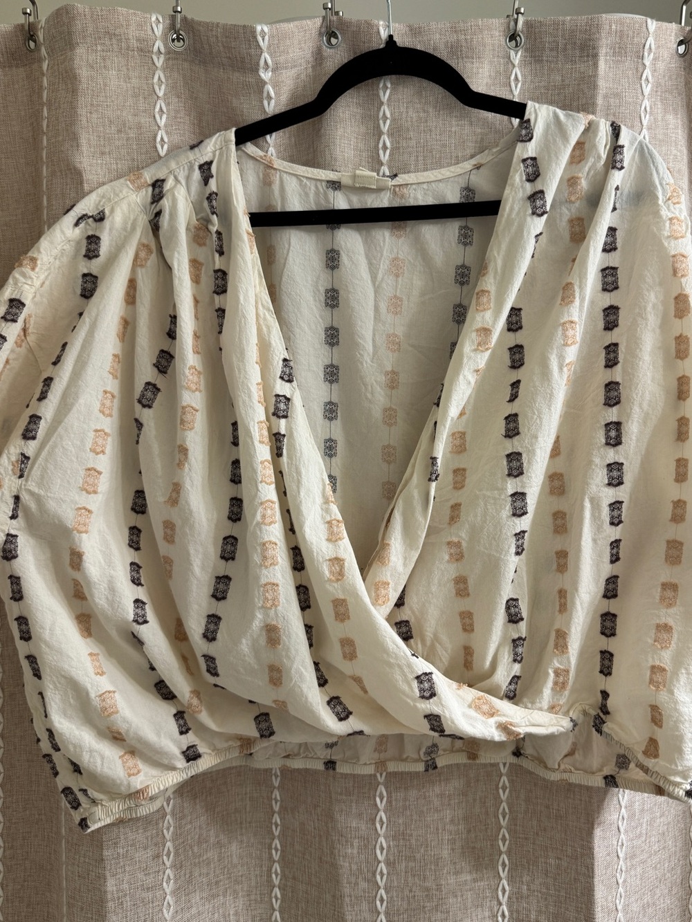 a.n.a Cream Surplice Crop Top with Tan and Charcoal Stripe Squares